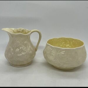 Vintage Belleek 1946-55 Ireland Lotus Creamer and Open Sugar Bowl Green Mark